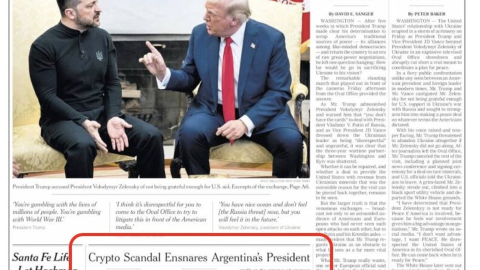 Milei llegó a la tapa de The New York Times por el Criptogate | La nota publicada el viernes está ahora en la edición impresa del diario 