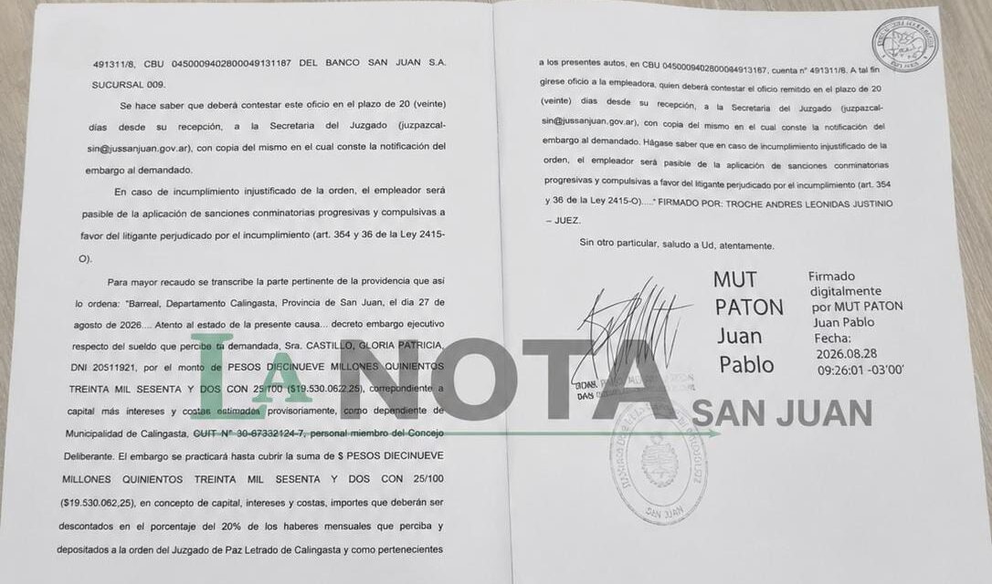 Embargo millonario: la Justicia ordenó retener parte del sueldo de una concejal de Calingasta